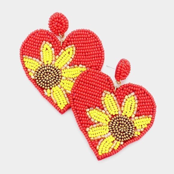 Sunflower Heart Seed Bead Earrings - Picture 3 of 5